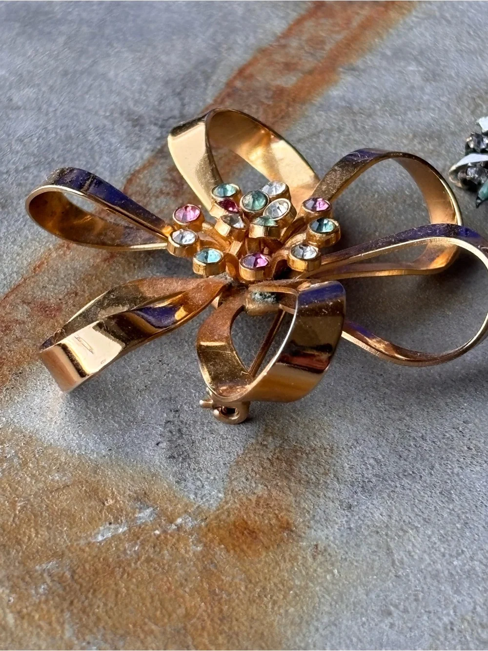 Vintage Brooch Trio Signed Coro Rhinestone Bow Pin Enamel Flower White Inlay Bar
